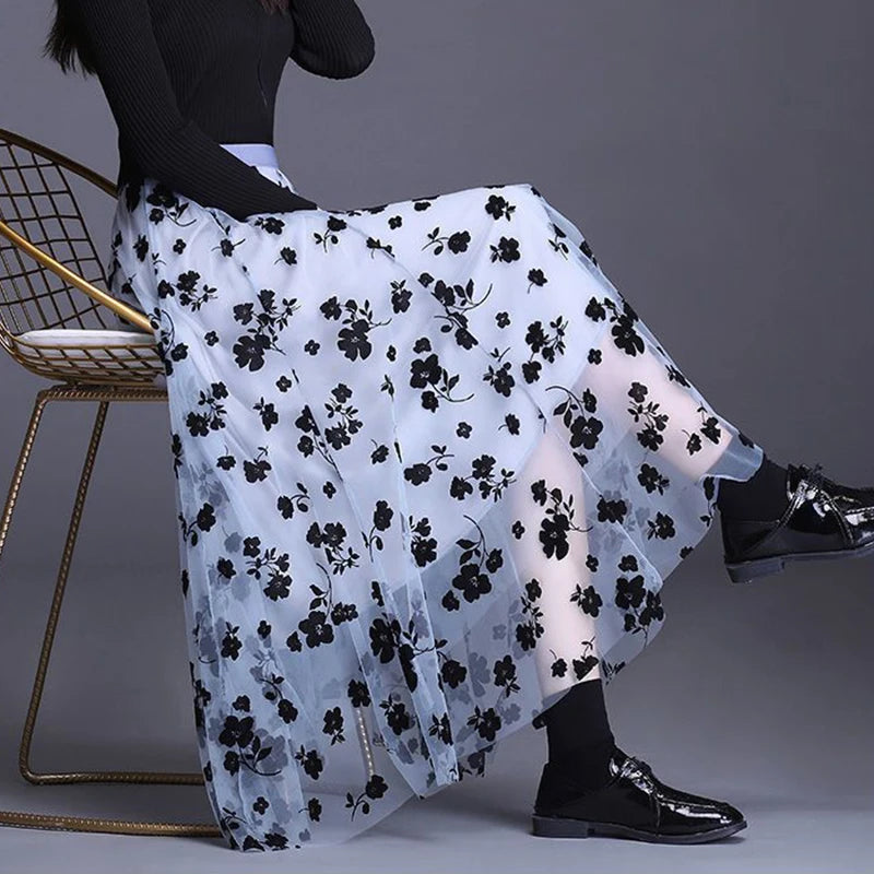 Premium Tulle Floral Midi Skirt - Elegant Mesh A-Line Style