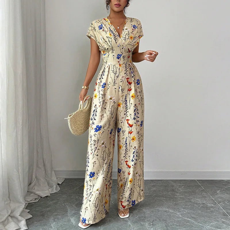 Short Sleeve High-Waist Jumpsuit - Elegant One-Piece