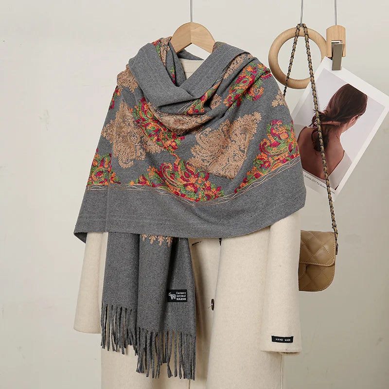 Luxury Floral Cashmere-Feel Winter Scarf - Fringed Shawl Wrap