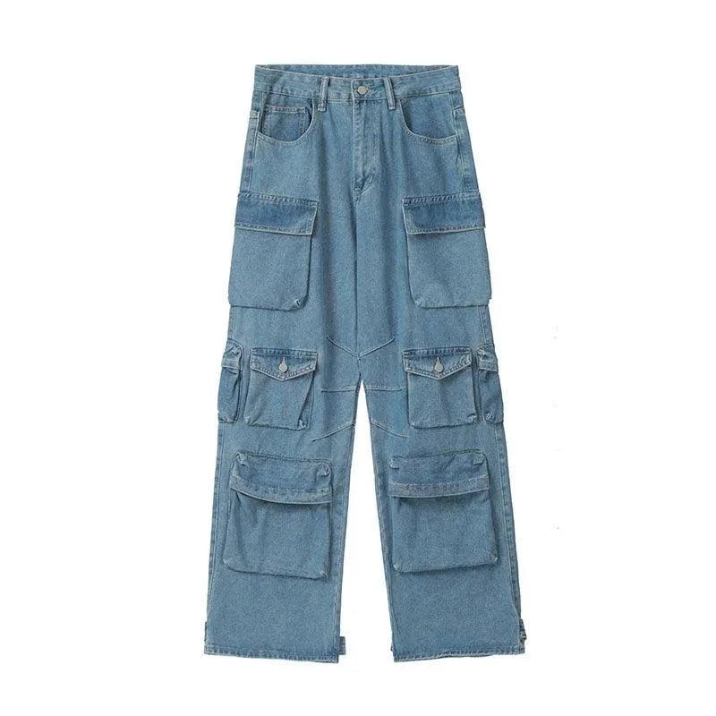 Cargo High-Waist Washed Wide-Leg Jeans - Denim Streetwear