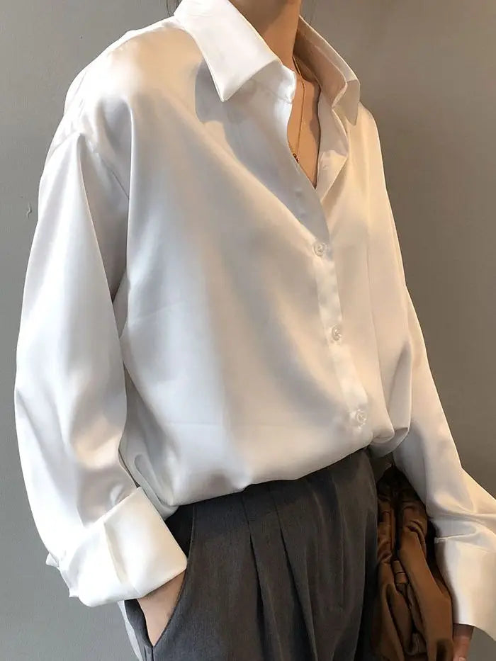 Vintage Button-Up Blouse - Loose Fit Long Sleeve Shirt