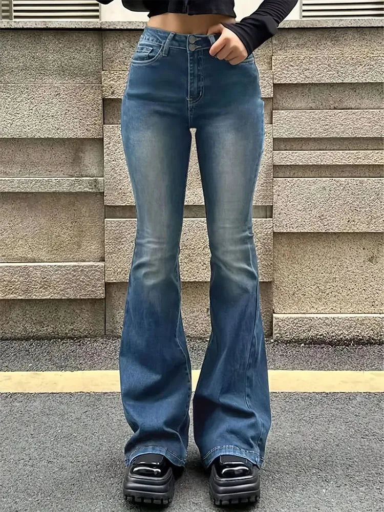 High-Waist Flare-Leg Jeans - Denim Streetwear