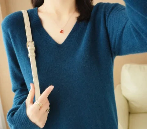 Premium V-Neck Knit Sweater - Soft Solid Color Pullover