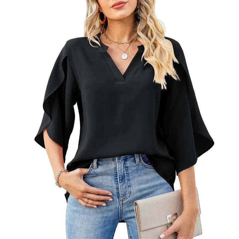 Chiffon V-Neck Blouse - Flare Sleeve Loose Summer Top