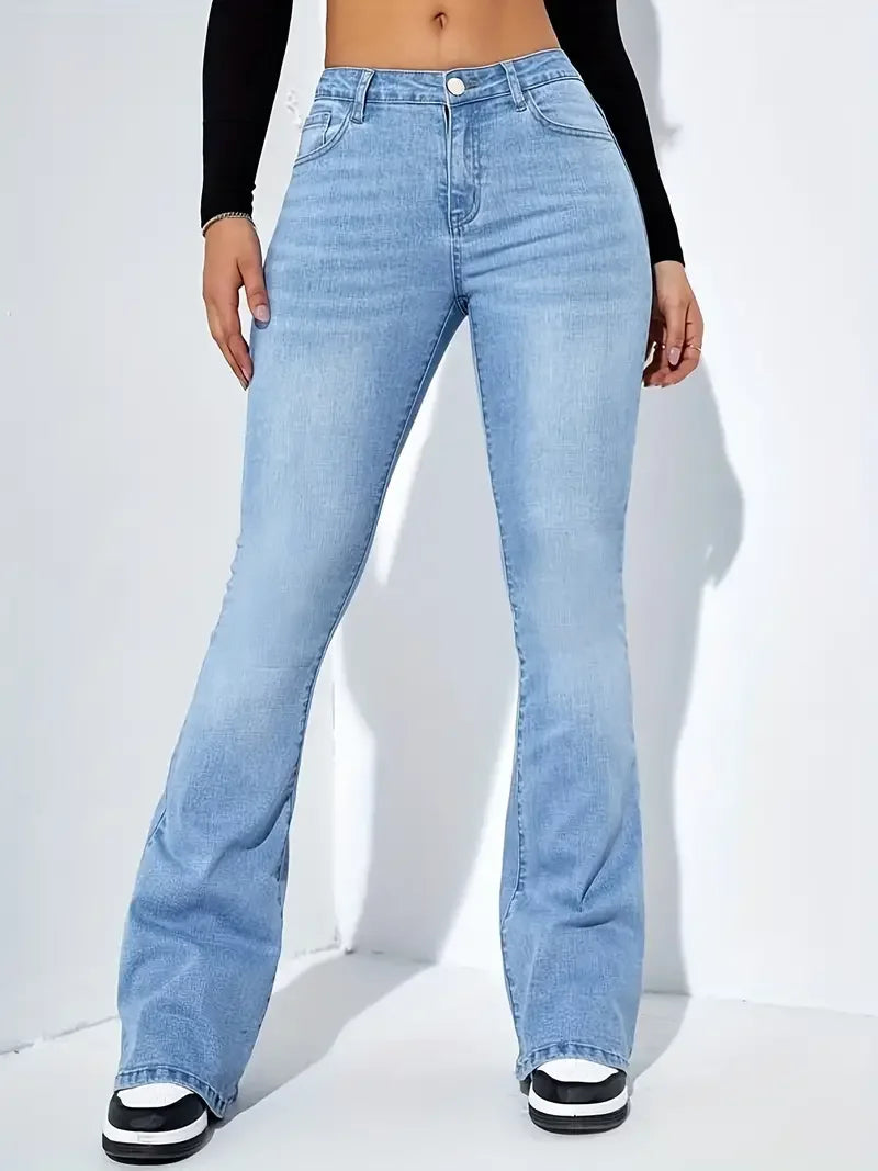 High-Waist Flare-Leg Jeans - Denim Streetwear