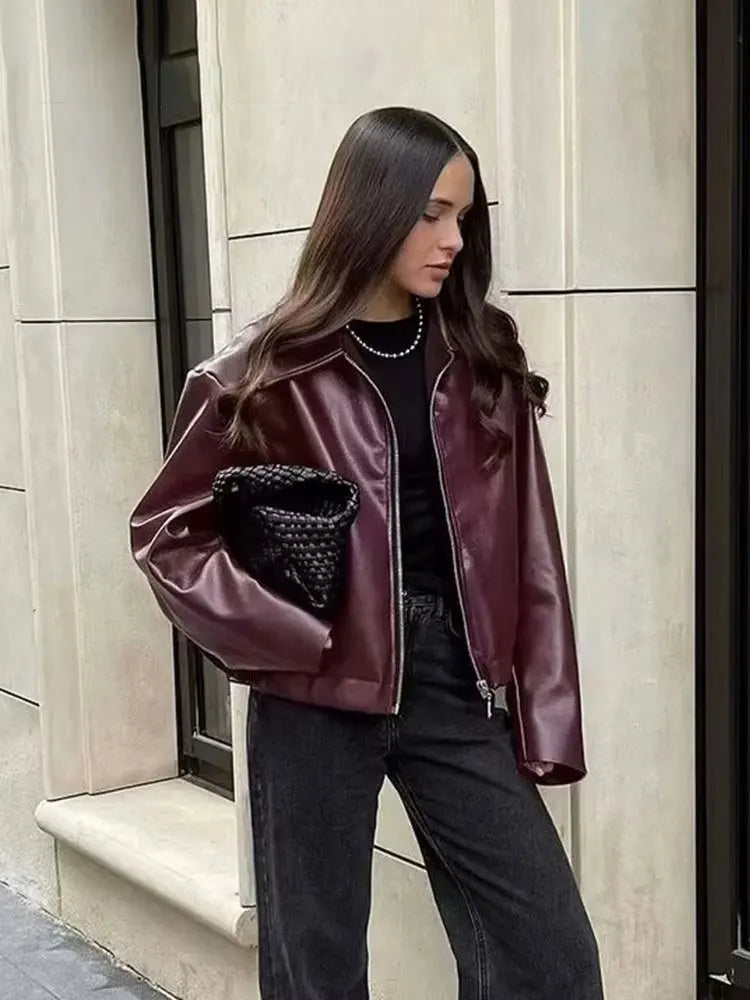 Premium Faux Leather Jacket - Wine Red Zip-Up Outerwear