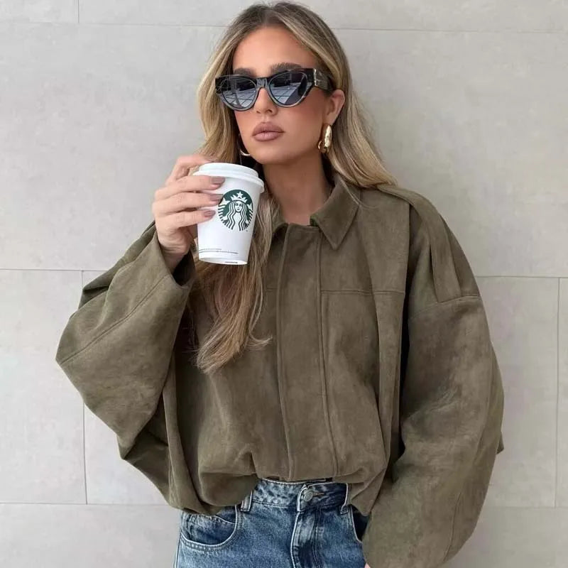 Suede-Texture Bomber Jacket - Relaxed Chic Outerwear