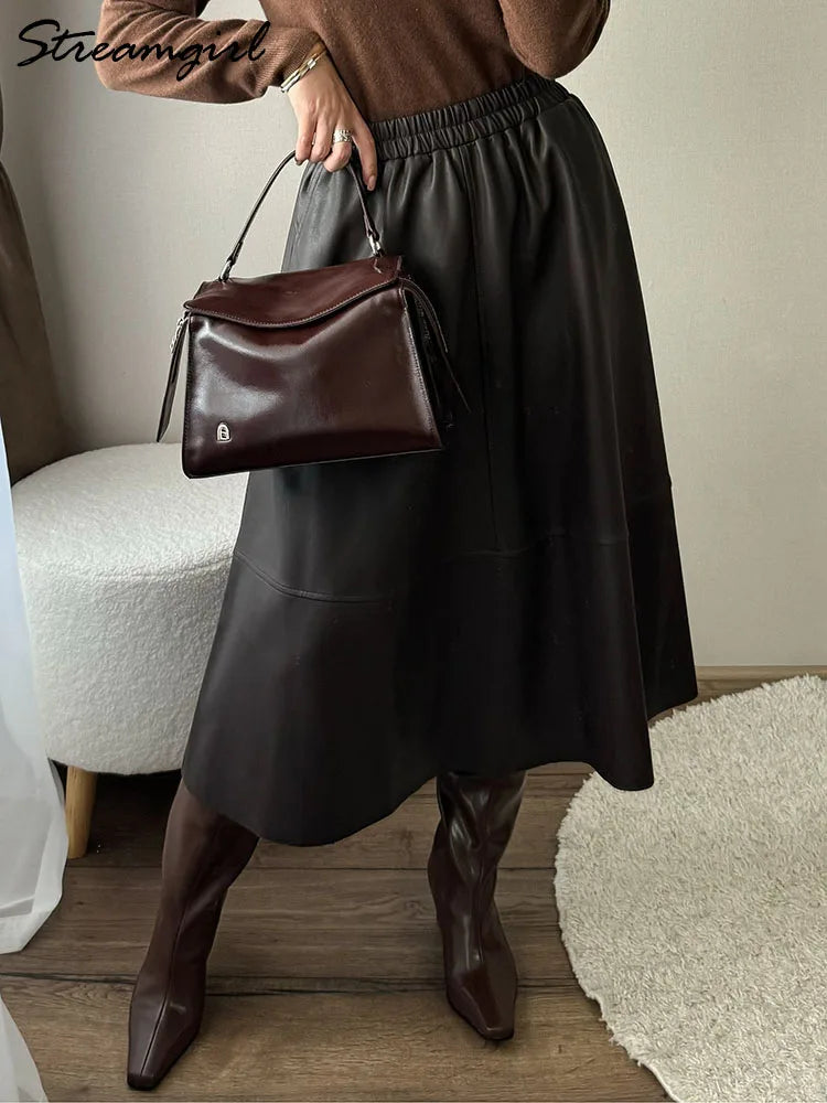 Premium PU Leather Midi Skirt - High Waist A-Line Design