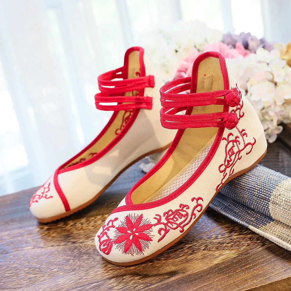 Premium Embroidered Ballet Flats - Ankle Strap Canvas Shoes