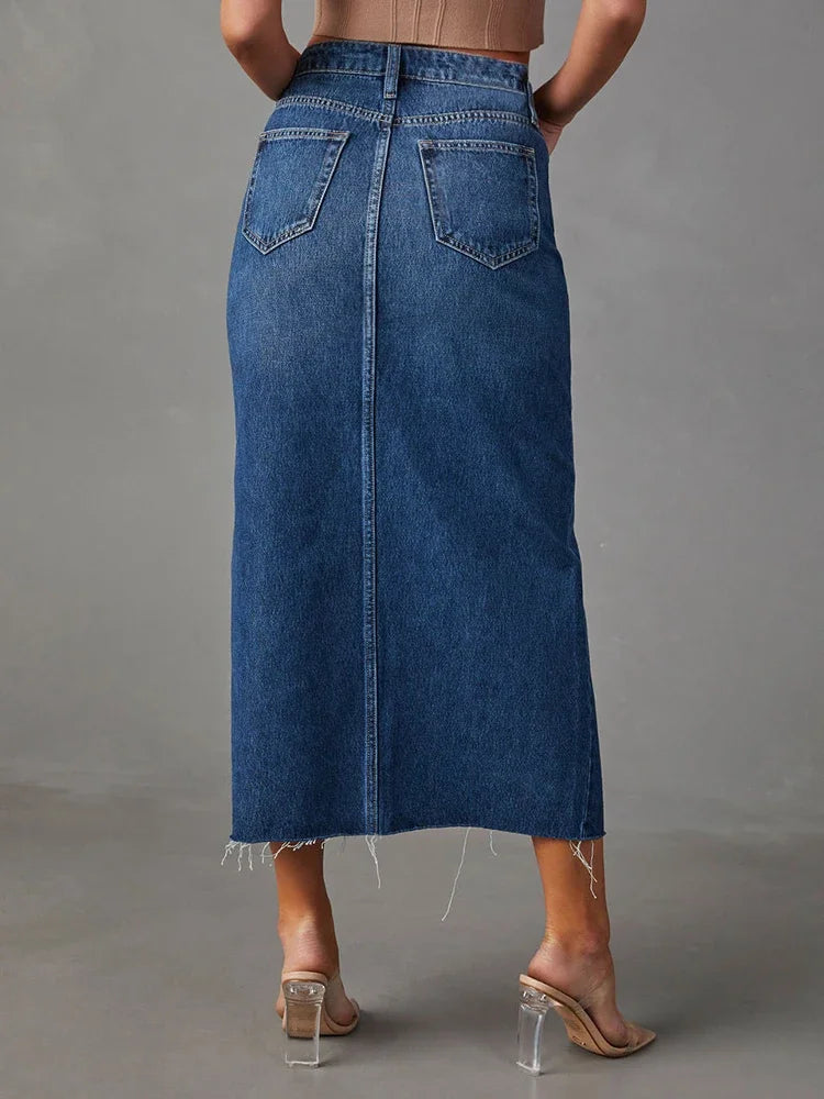 Premium Denim Split Midi Skirt - High Waist Streetwear Style