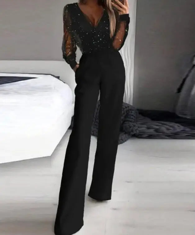 V-Neck Long Sleeve Jumpsuit - Office & Occasion Wear