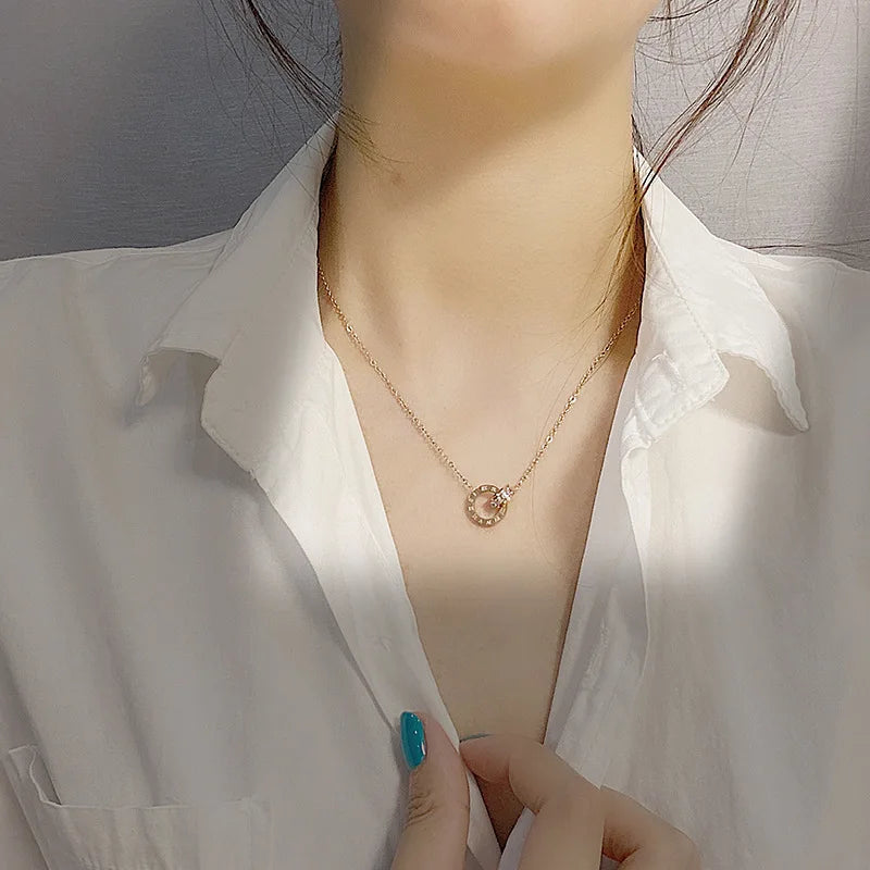 Luxury Roman Crystal Circle Choker Necklace - Stainless Steel Pendant