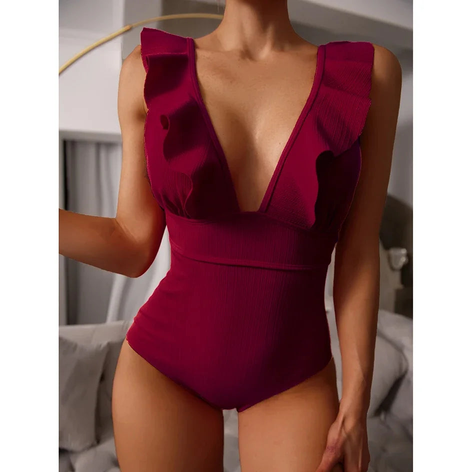 Deep V Ruffle One-Piece Swimsuit - Adjustable Strap Monokini