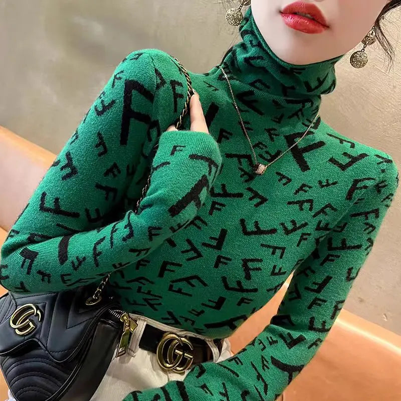 Half-High Collar Letter Knit Sweater - Slim Fit Pullover