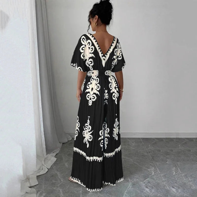 Deep V-Neck Short Sleeve Wide-Leg Jumpsuit - Elegant One-Piece