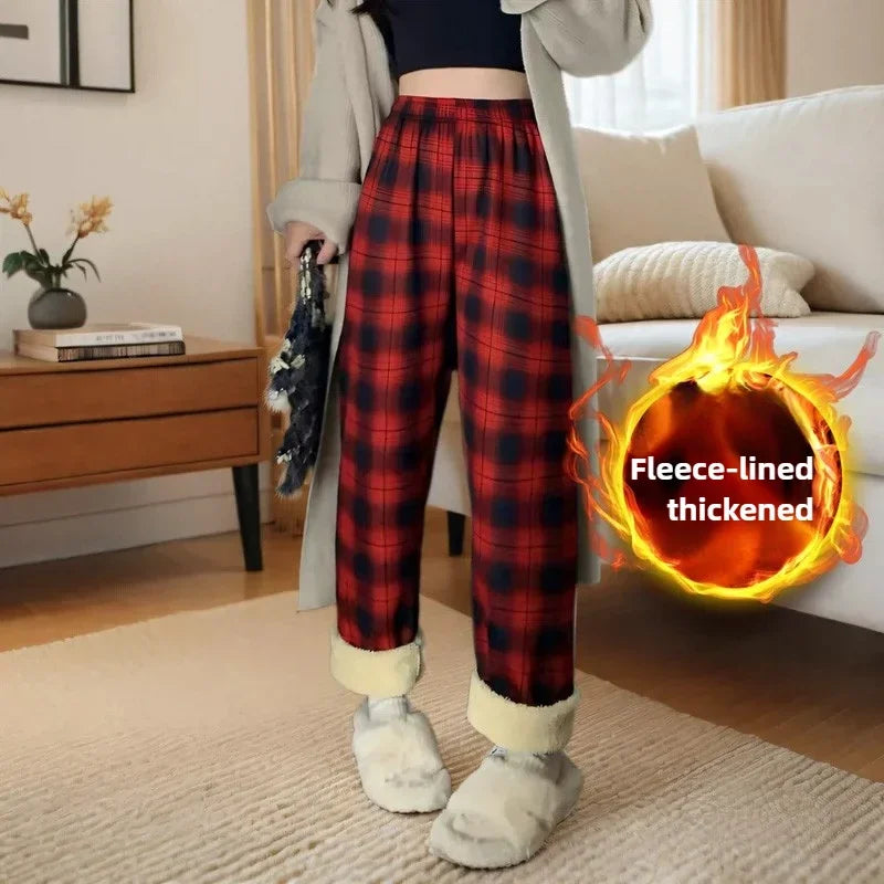 Fleece-Lined Plaid Trousers - High-Waist Straight Leg