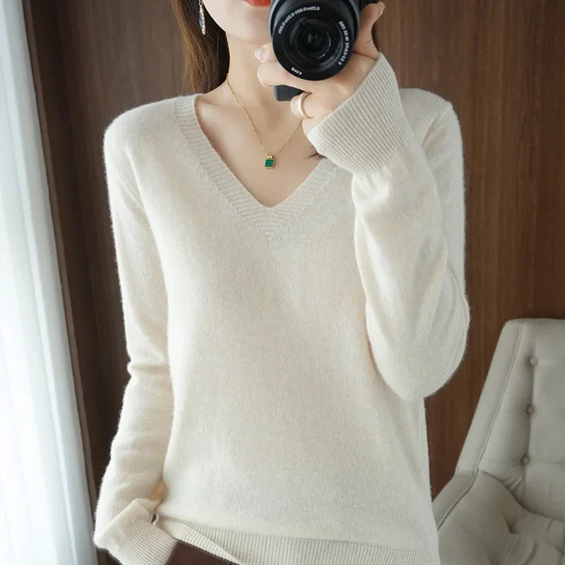 Premium V-Neck Knit Sweater - Soft Solid Color Pullover