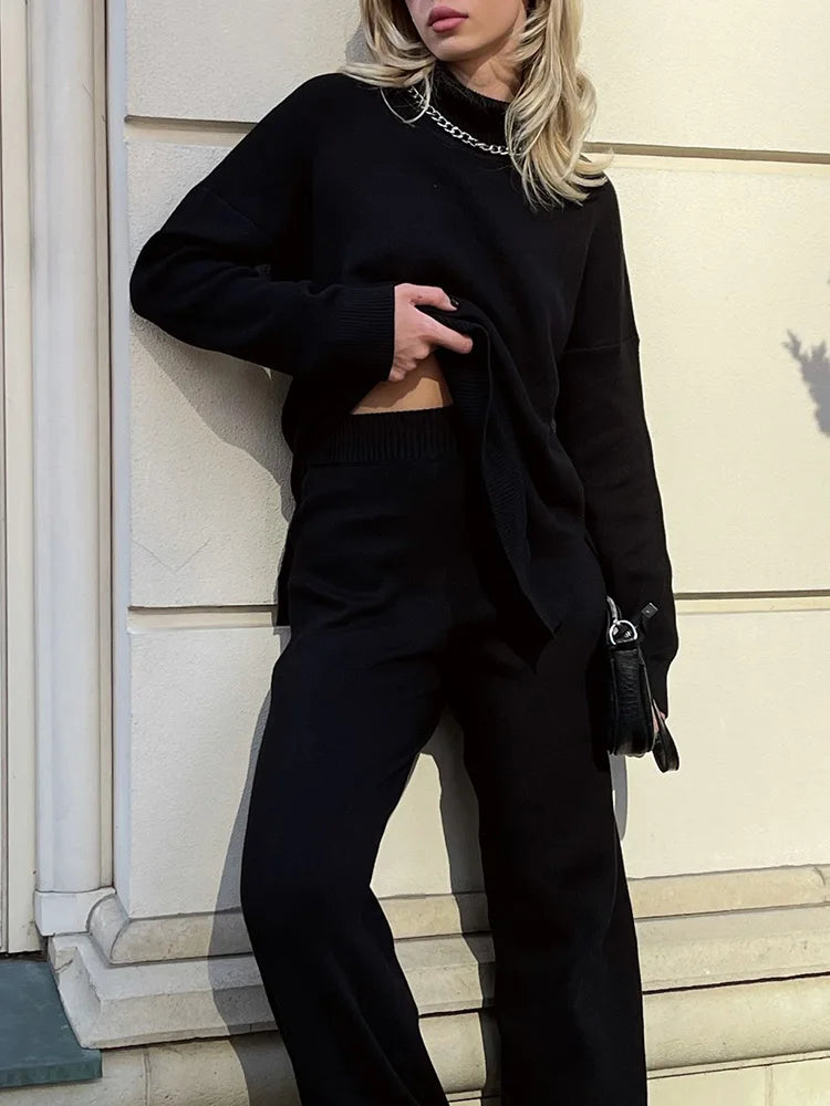 Oversized Turtleneck Sweater - Side Split Cozy Jumper