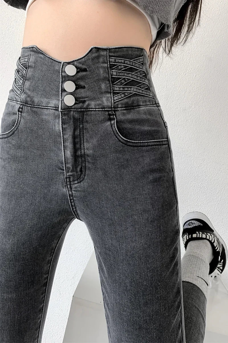 High-Waist Skinny Jeans - Denim Streetwear