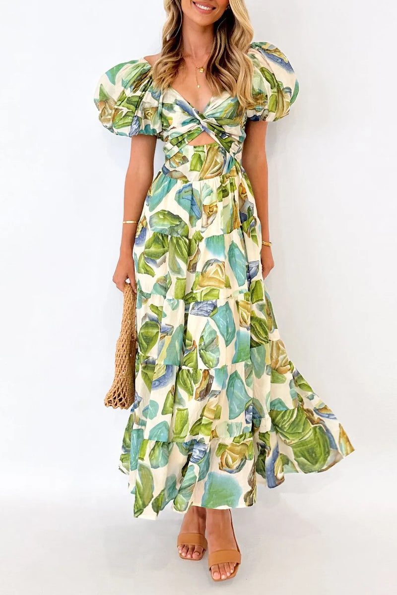 Summer V Neck Cutout Floral Print Dresses Elegant Women Puff Short Sleeve Casual Dress Pleated Waisted Swing Beach Long Dress