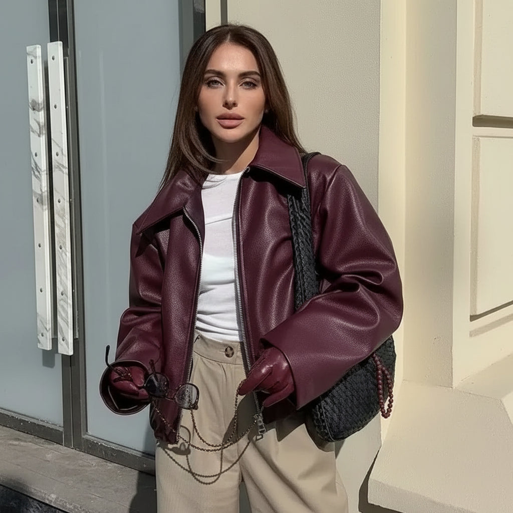 Premium Faux Leather Jacket - Wine Red Zip-Up Outerwear