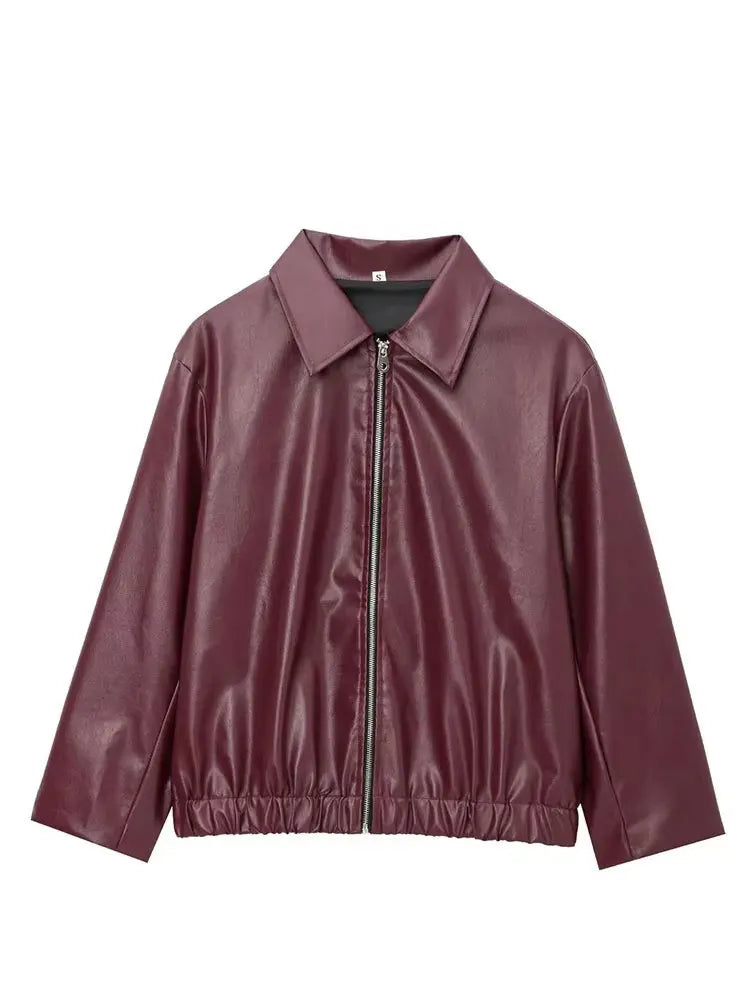 Premium Faux Leather Jacket - Wine Red Zip-Up Outerwear
