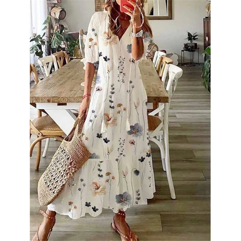 Bohemian Floral Maxi Dress - Relaxed V-Neck Summer Style